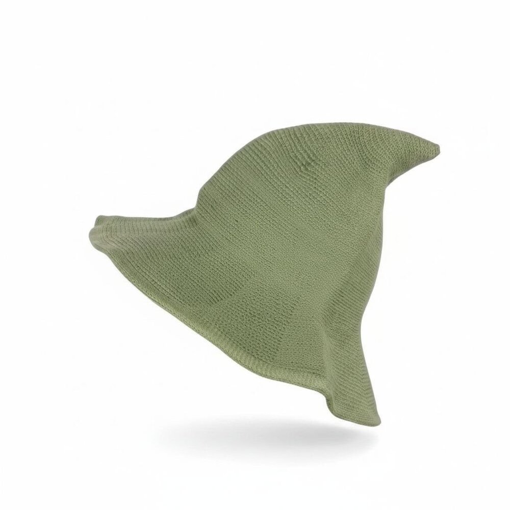 Sage Green Knit Pointy Witch Hat Soft Textured Wide Brim Accessory - Picture 2 of 6